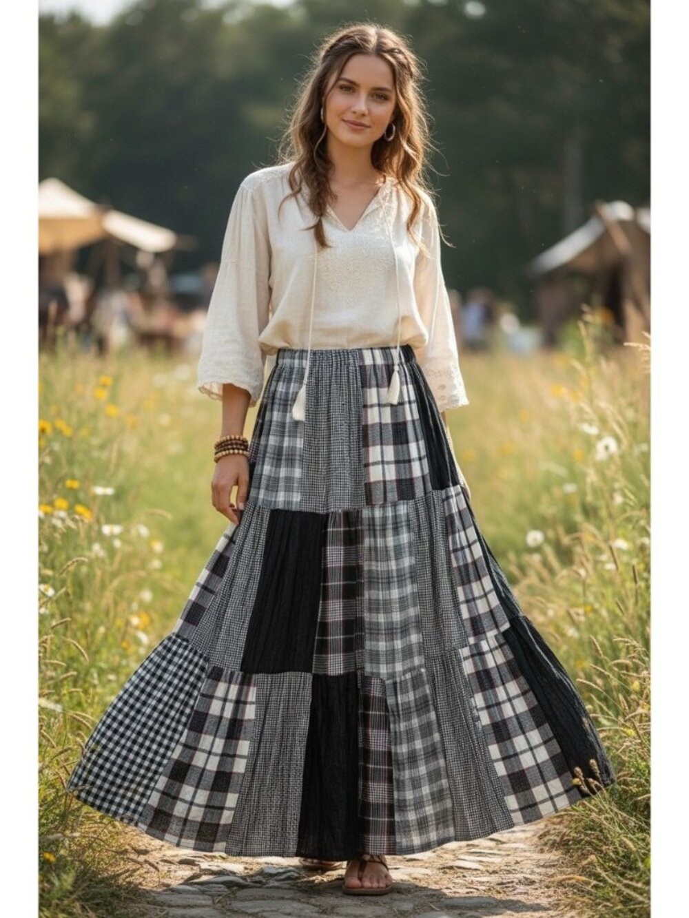 Vintage Lucia Lukken Patchwork Plaid Broomstick Maxi Skirt Boho Cottagecore M